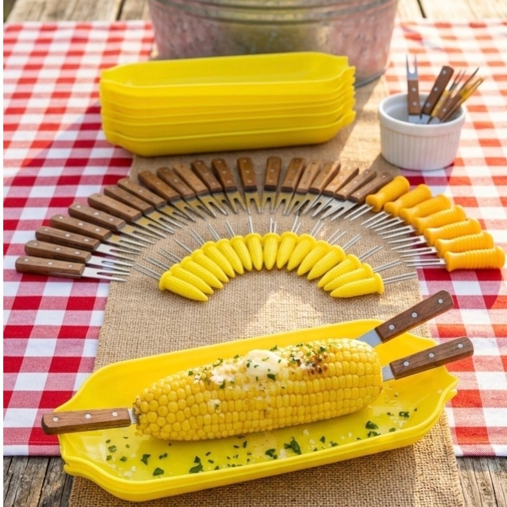 Vintage Summer Cookout Corn-on-the-Cob 8 Serving Trays, 32 Assorted Corn Holder